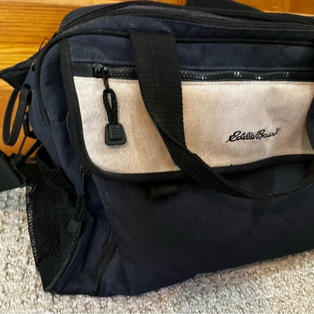 Eddie Bauer Black Canvas Leather Diaper Bag Changing Pad Overnight Travel Rugged